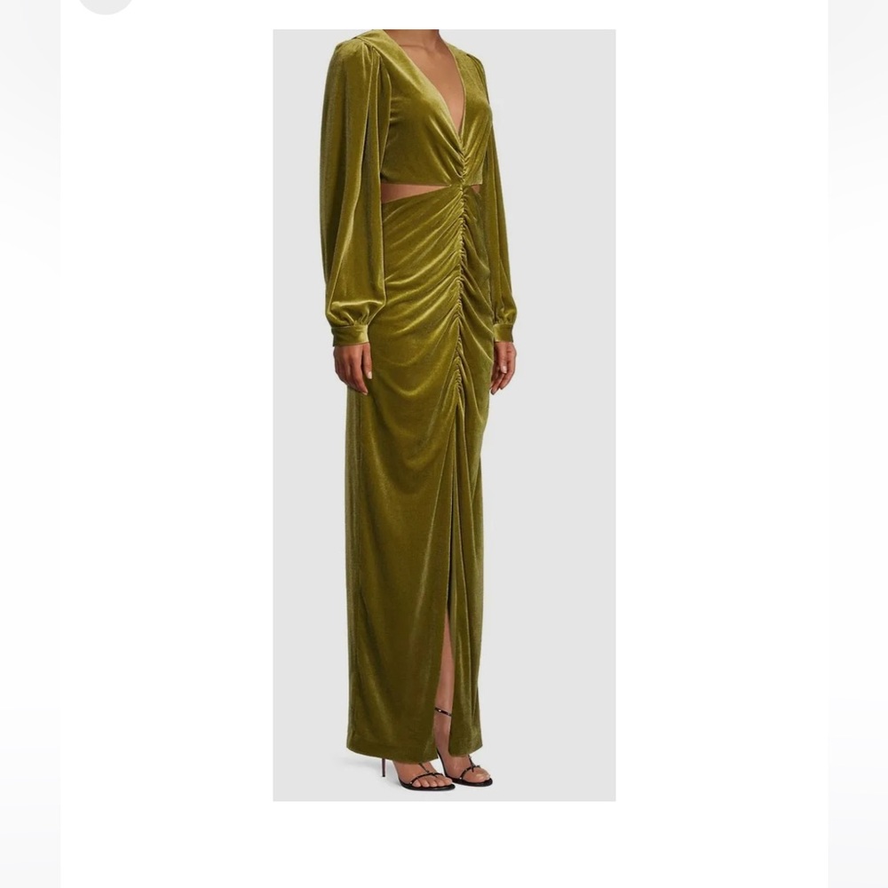 Olive Green Velvet Long Sleeve Ruched Cutout Dress